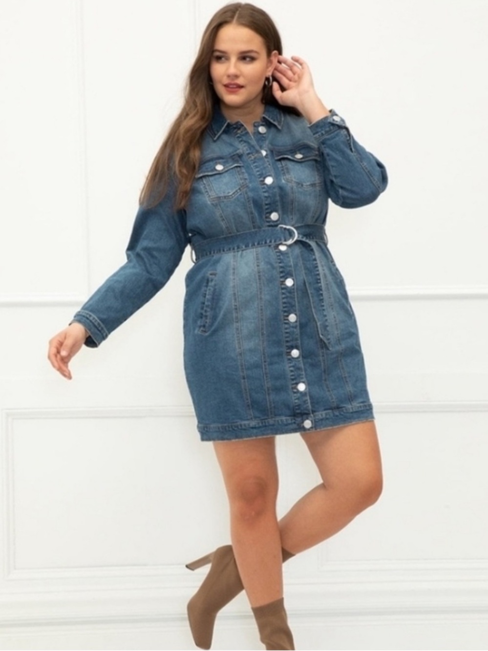Eloquii Elements Women’s Belted Denim Long Sleeve Dress Sz 20